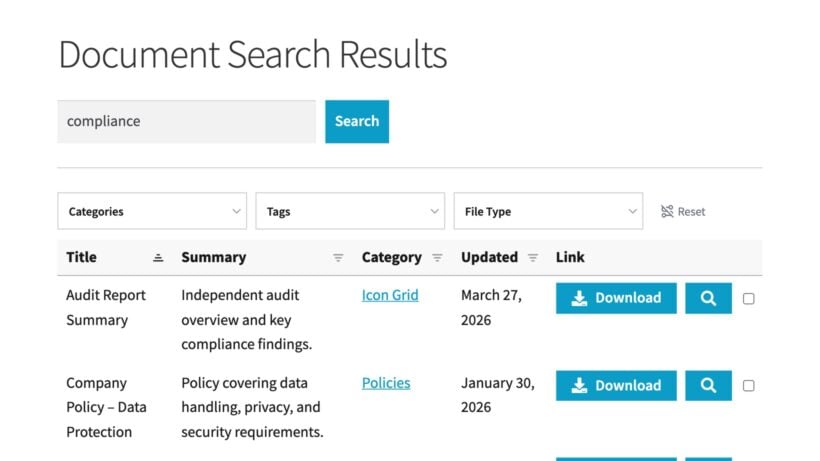 Document search page with a typed query, results below, and download buttons