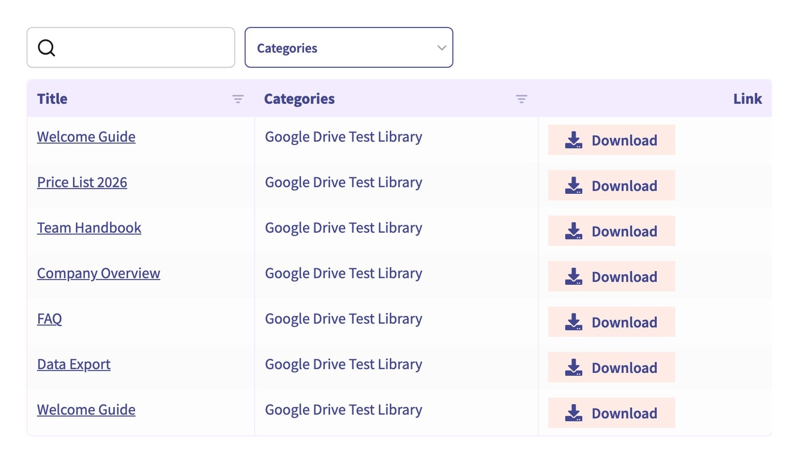 Searchable WordPress document library built from a synced Google Drive folder with search and filters