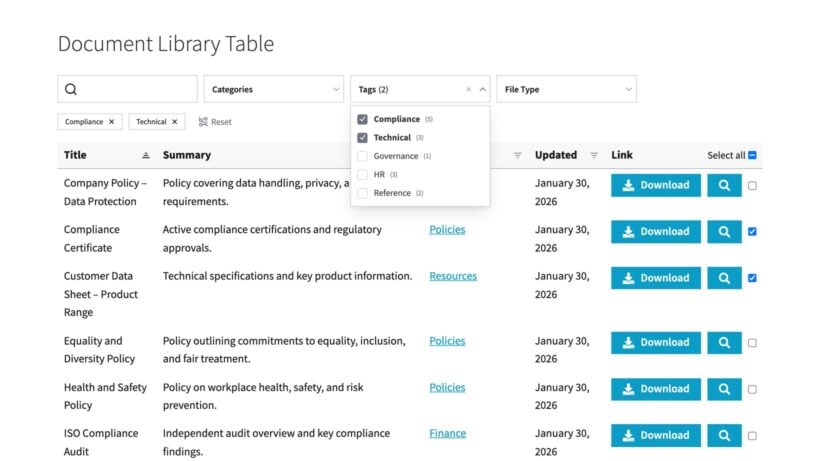 Document library table with gray header, search, filters, open checkbox menu, tag chips, columns and file buttons