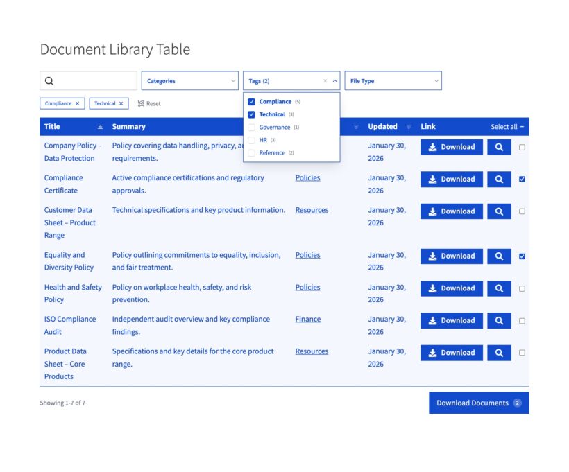 Blue document table with search, filter dropdowns, selected tags, checkboxes, and download buttons