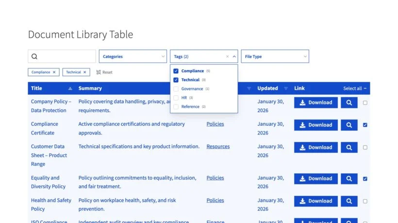 Blue document table with search, filter dropdowns, selected tags, checkboxes, and download buttons