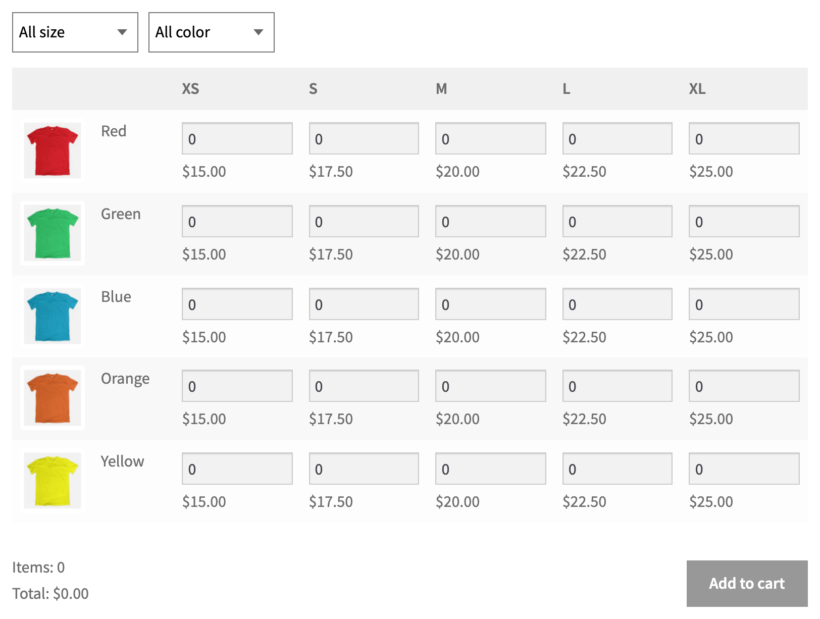 Bulk variations grid of t-shirts with Size and Color filter dropdowns above it