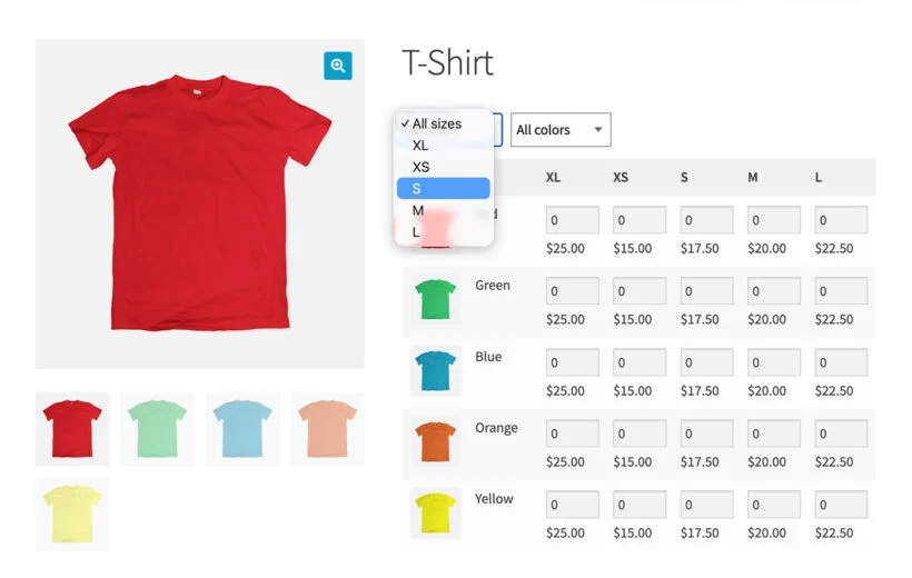 Size filter open above a t-shirt variations grid, with color rows and priced quantity boxes