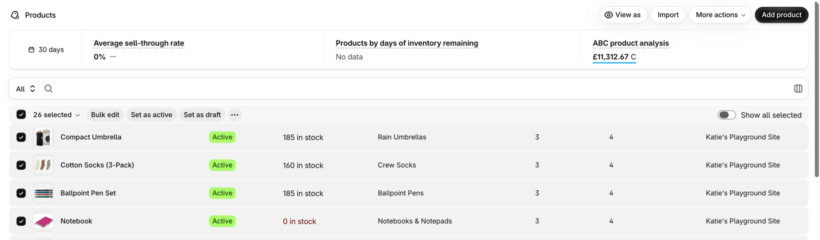 Shopify products list with all 26 products selected and the bulk action bar showing Bulk edit, Set as active and Set as draft