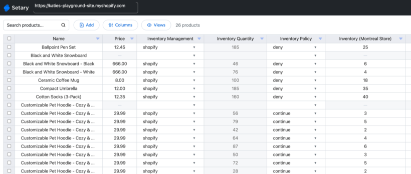 Setary spreadsheet showing Shopify products and variants as rows, with editable price, inventory and inventory policy columns