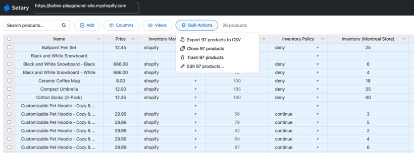 Setary Bulk Actions menu open with every product and variant selected, showing the option to trash 97 products at once