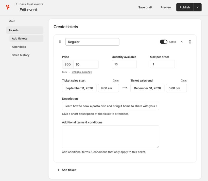 Creating a WooCommerce event ticket in EventKoi with price, quantity and ticket sales dates