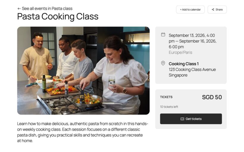 Event page showing the ticket price and Get tickets button for buying tickets through WooCommerce