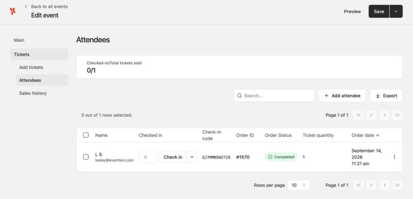 EventKoi attendees list for a WooCommerce ticket sale with check-in codes and order status