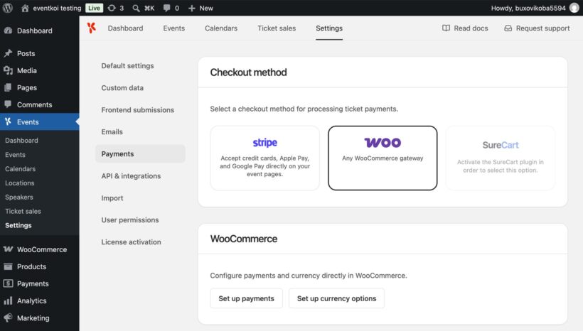 EventKoi payment settings with WooCommerce selected as the checkout method for event tickets