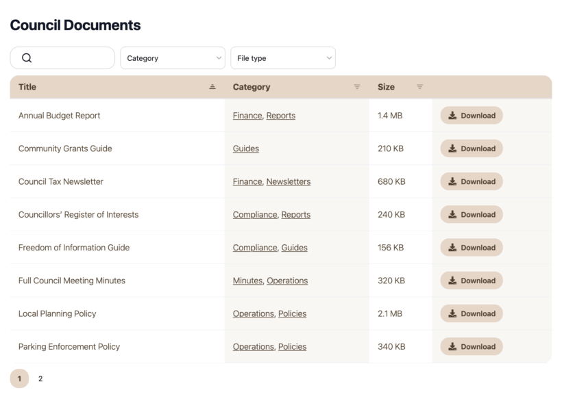 Council PDF library listing meeting minutes by date, with search and a year filter above the table