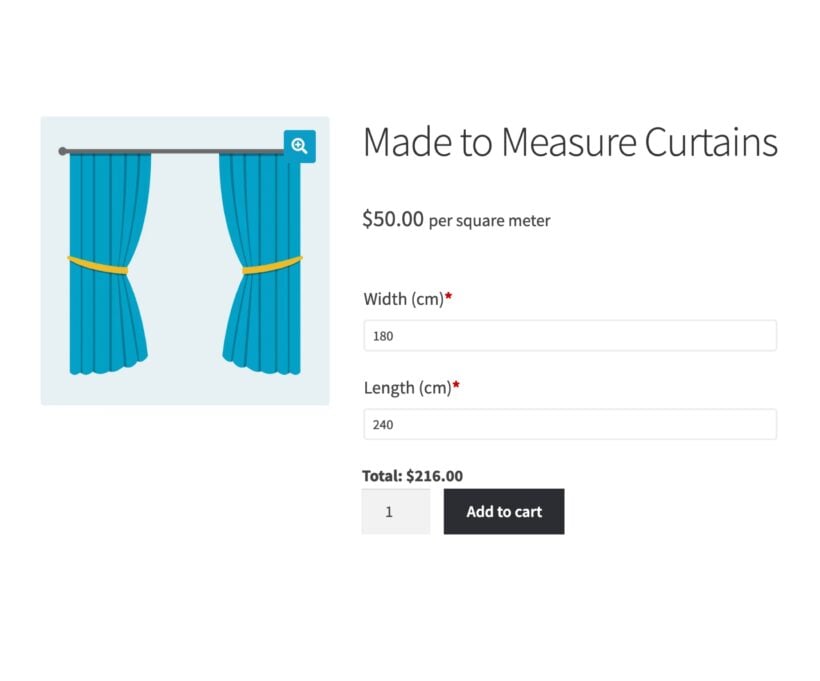 Made to measure curtains product page with width and length fields, fabric swatches and a live total