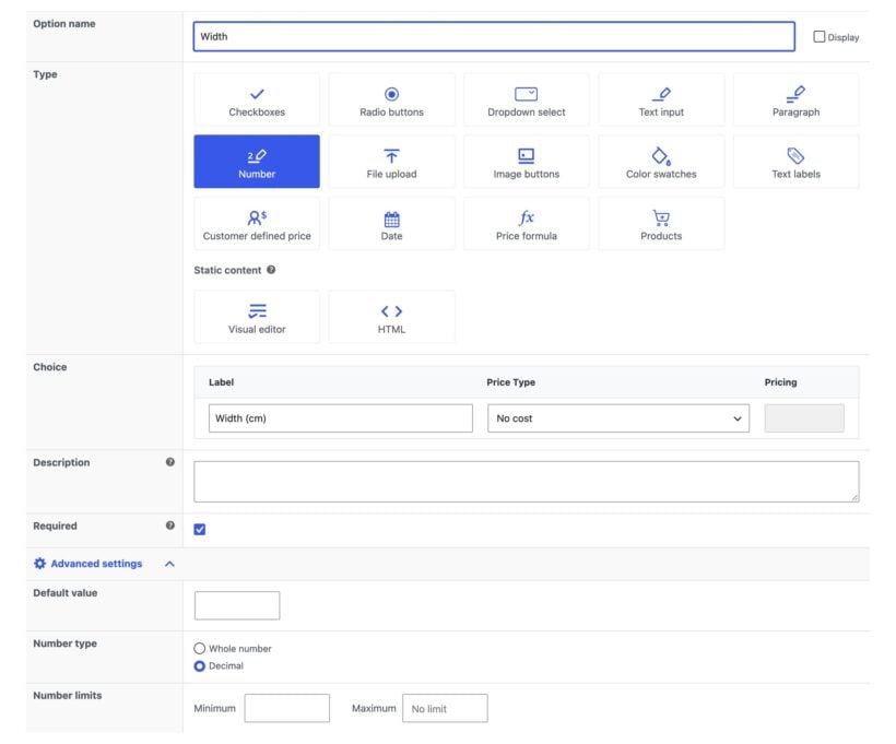 Option types in WooCommerce Product Options with Number selected for a measurement field