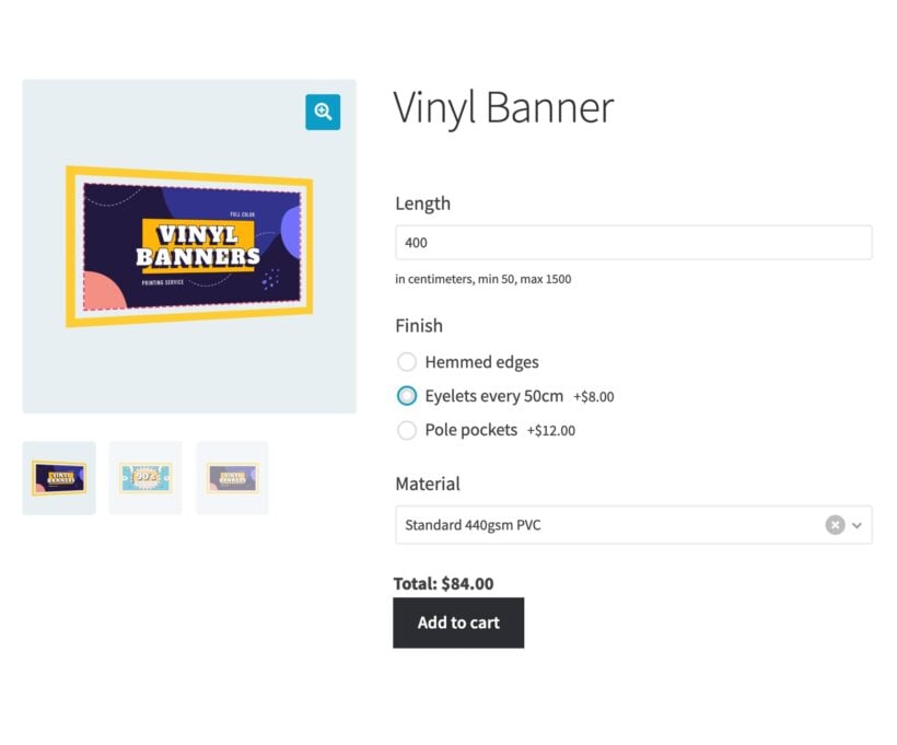 Vinyl banner product priced per cm with length, finish and material options and a live total