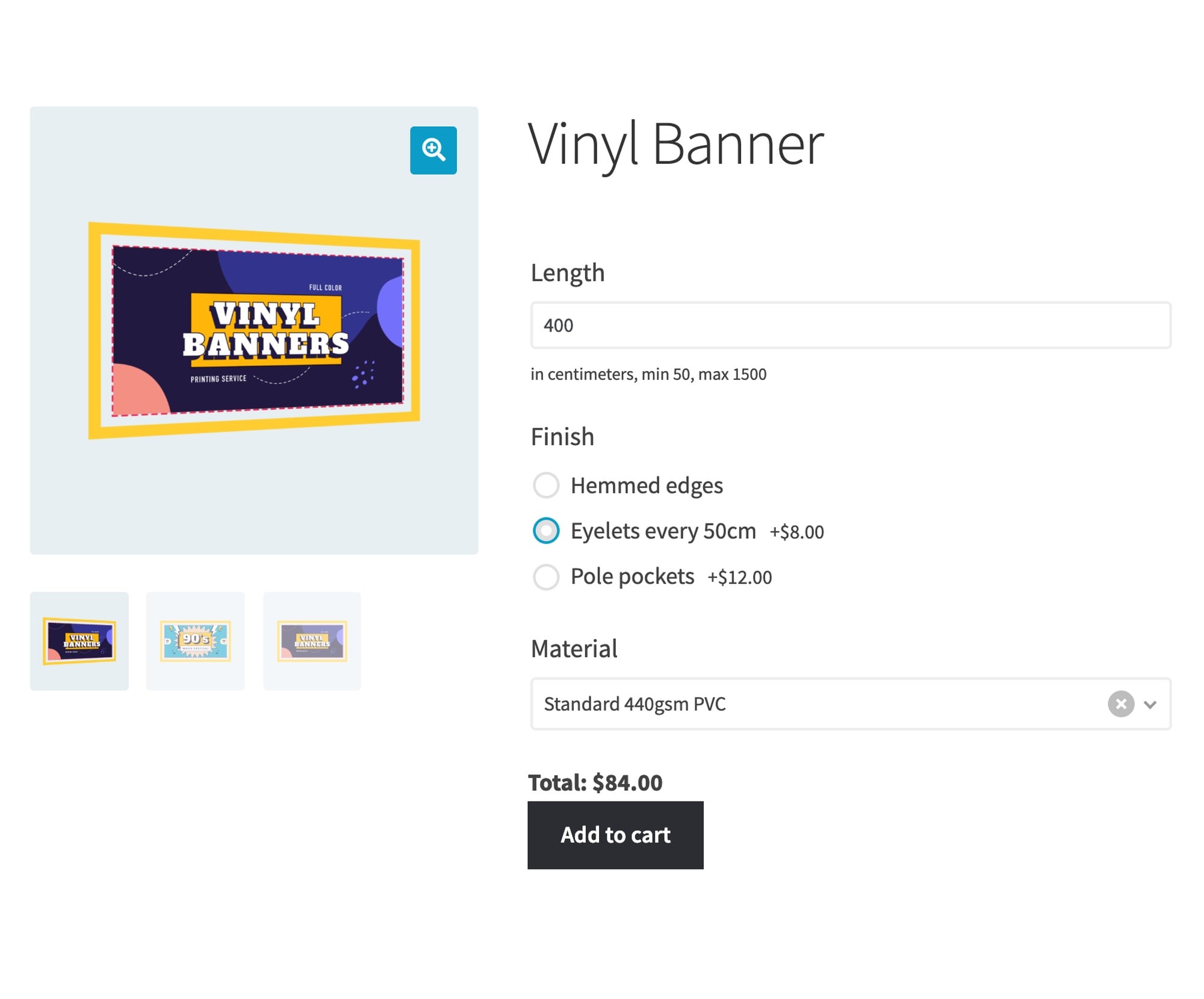 WooCommerce vinyl banner product page charging extra for eyelets and pole pockets, with a material dropdown and a live total