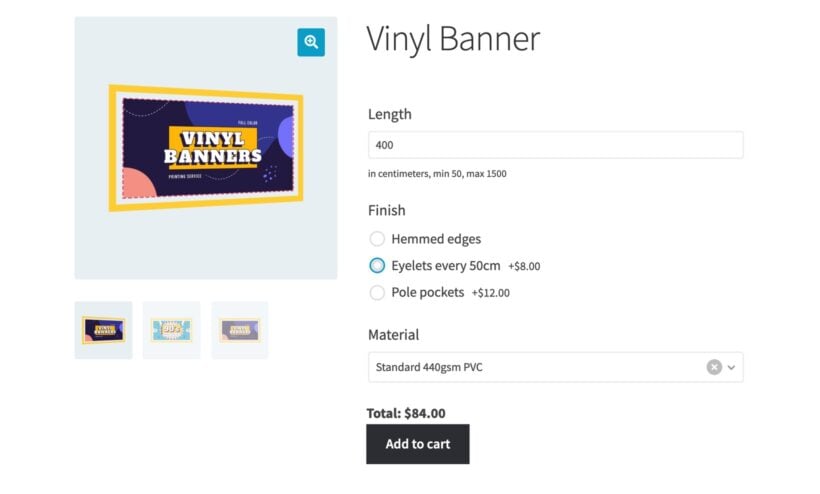 Vinyl banner product priced per cm with length, finish and material options and a live total