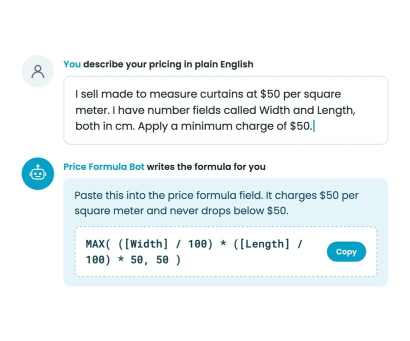 Price Formula AI bot turning a plain English pricing rule into a measurement price formula