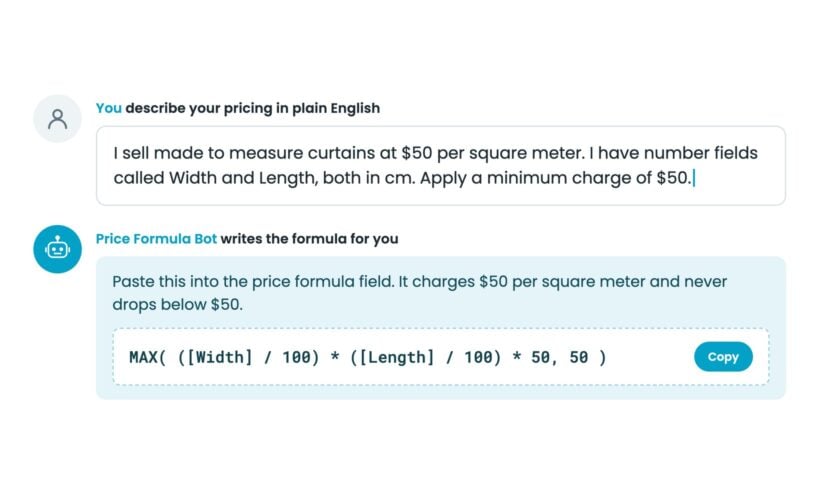 Price Formula AI bot turning a plain English pricing rule into a measurement price formula