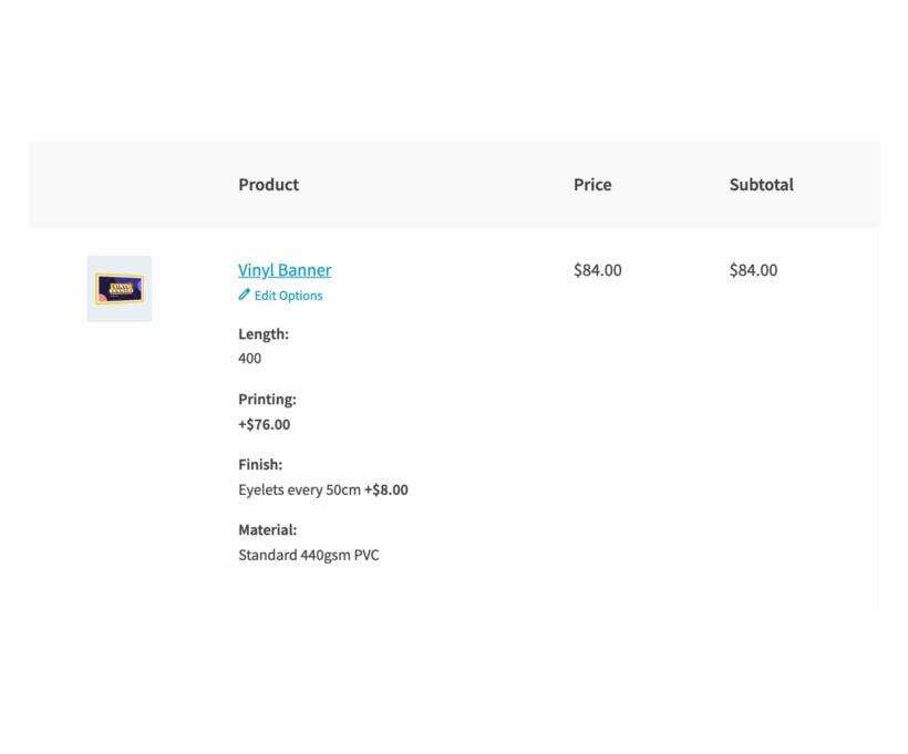 WooCommerce cart showing the length, finish and material the customer chose