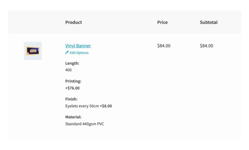 WooCommerce cart showing the length, finish and material the customer chose