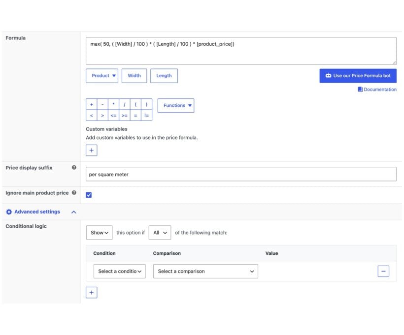 Price formula settings in WooCommerce Product Options with the Price Formula bot button and price display suffix