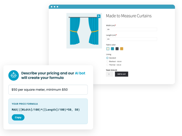 Made to measure curtains product page beside the AI bot turning a typed pricing rule into a price formula