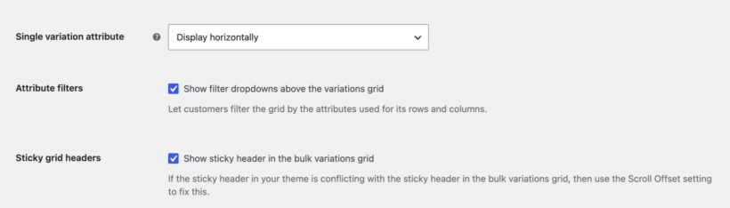 Bulk Variations settings showing Attribute filters between Single variation attribute and Sticky grid headers
