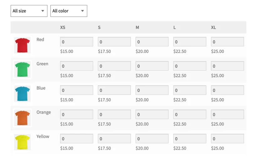 Grid with size and color filters, shirt thumbnails and priced quantity boxes