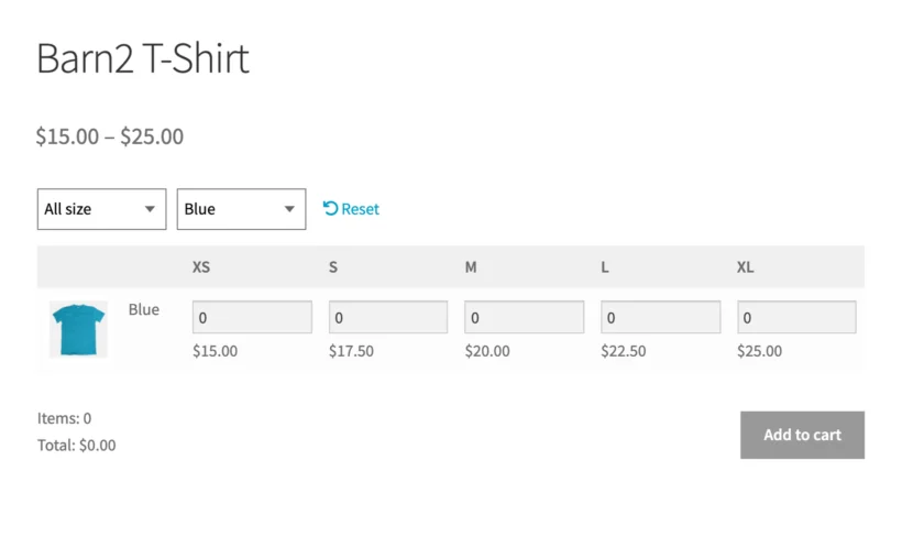 Blue-filtered T-Shirt grid showing one shirt row, five sizes and a Reset link