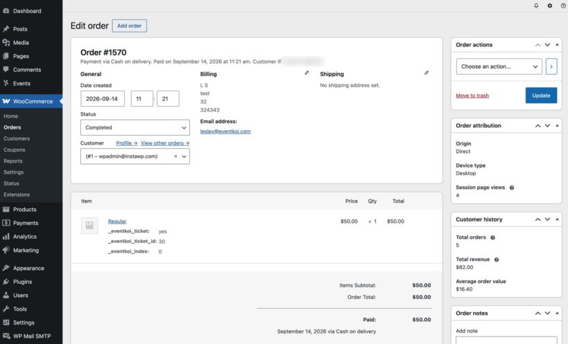 WooCommerce order screen for an event ticket sold with EventKoi, showing the ticket line item