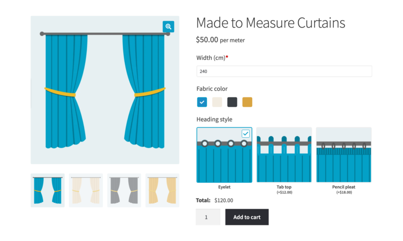 Made to measure curtains product page with a width field, fabric color swatches and curtain heading style image buttons