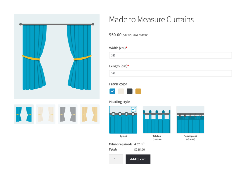 Made to measure curtains product page with width and length fields, color swatches, heading style image buttons and a calculated total