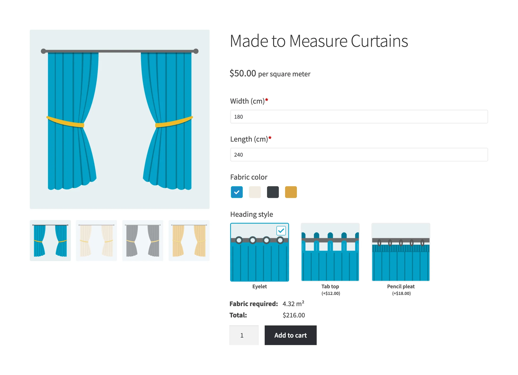 Made to measure curtains product page with width and length fields, color swatches, heading style image buttons and a calculated total