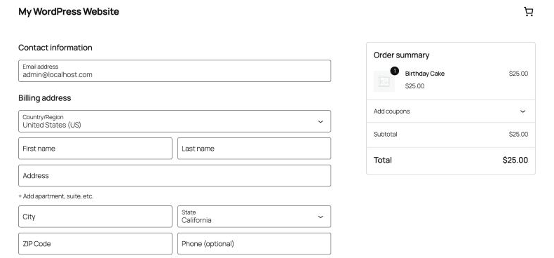 The default WooCommerce block checkout with billing fields and an order summary