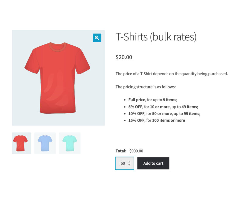 T-shirt product page where the price per unit drops as the order quantity rises