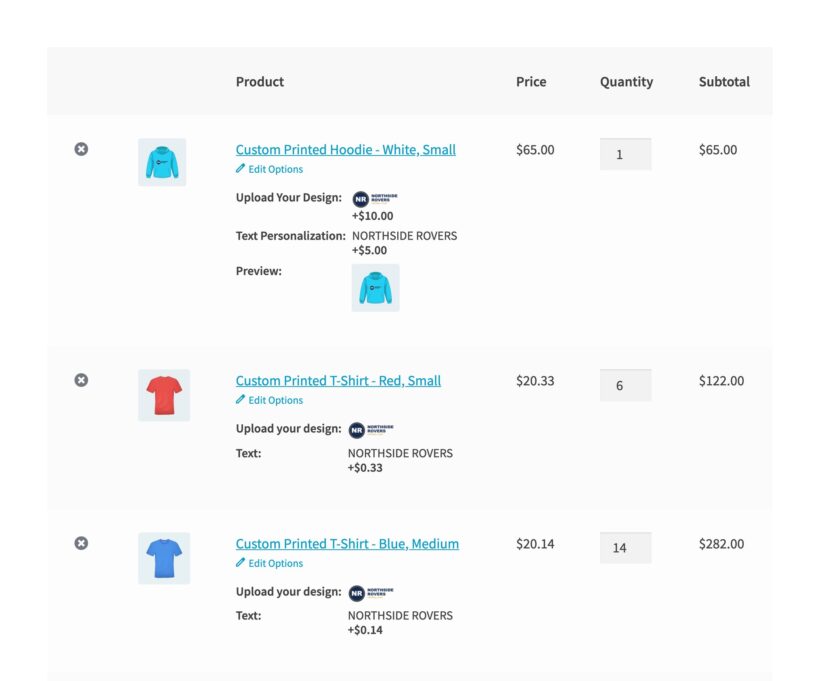 WooCommerce cart holding a custom printed hoodie and three t-shirt lines, each carrying the uploaded club logo and the typed club name