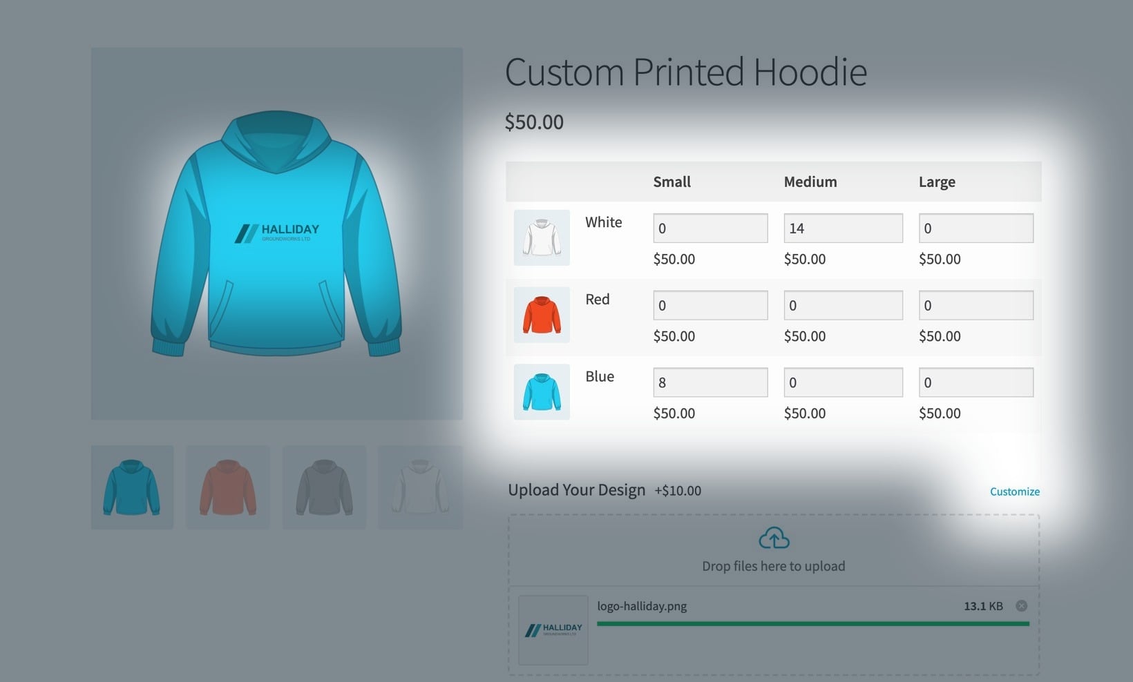 Custom printed hoodie product page with the design on the garment, the Customize link and the size grid all lit, the rest of the page dimmed