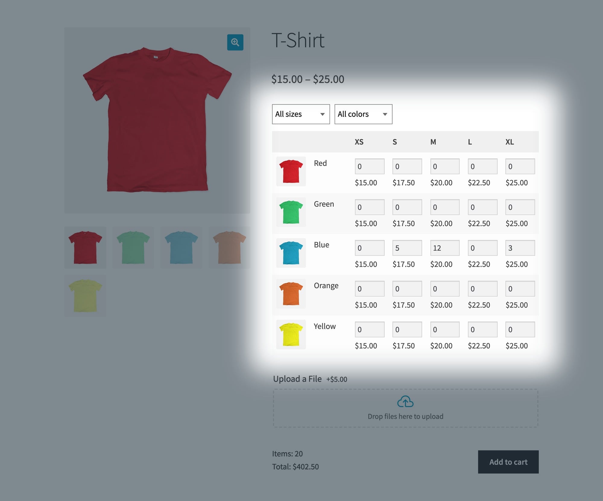 T-shirt product page with the size and color filters and the quantity grid lit, the rest of the page dimmed