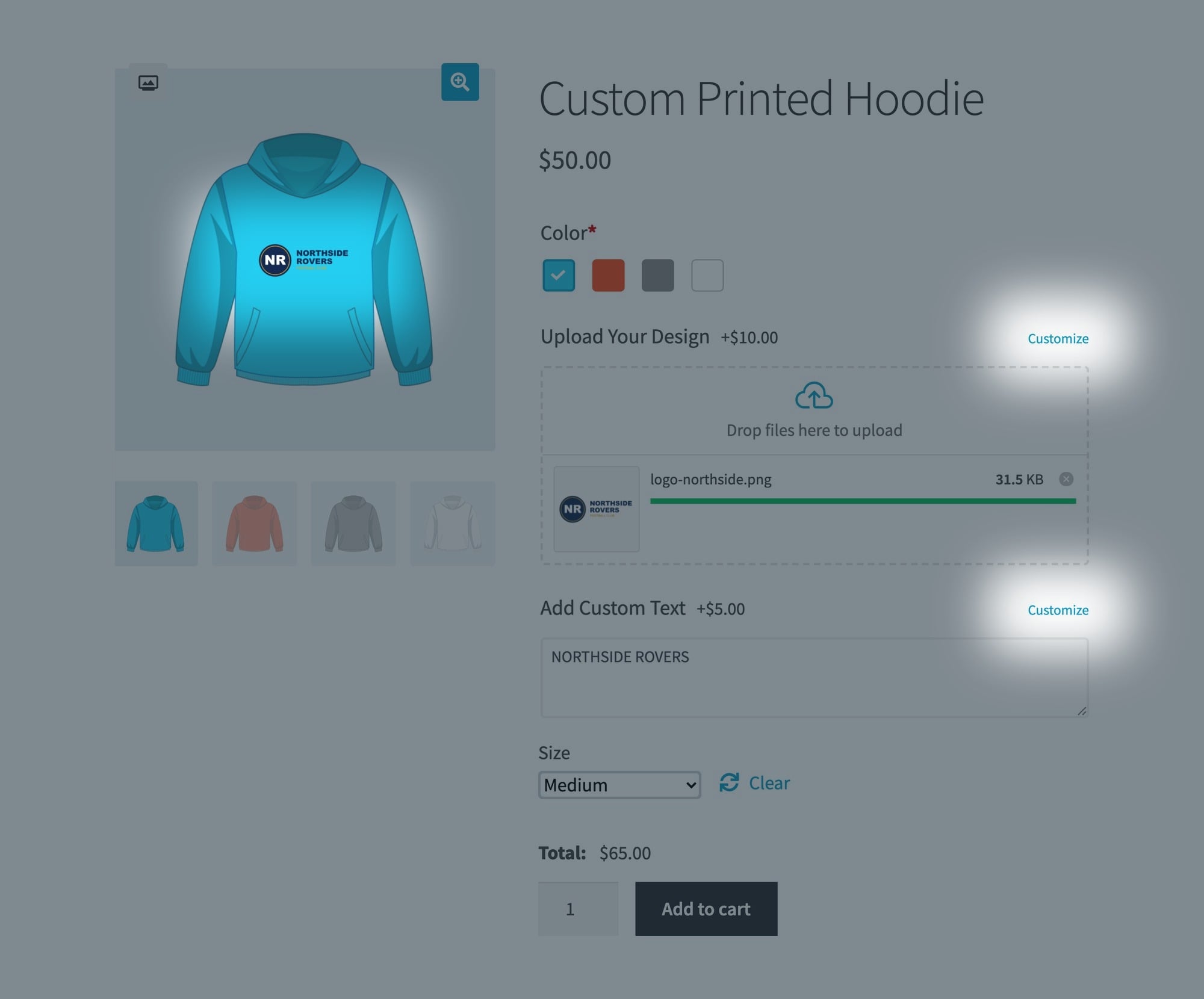 Custom printed hoodie product page with the design on the garment and the Customize links lit, the rest of the page dimmed