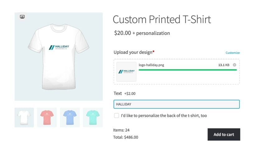 Custom printed t-shirt product page with a company logo uploaded, a name typed in and both priced as options, ready to add 24 shirts to the cart