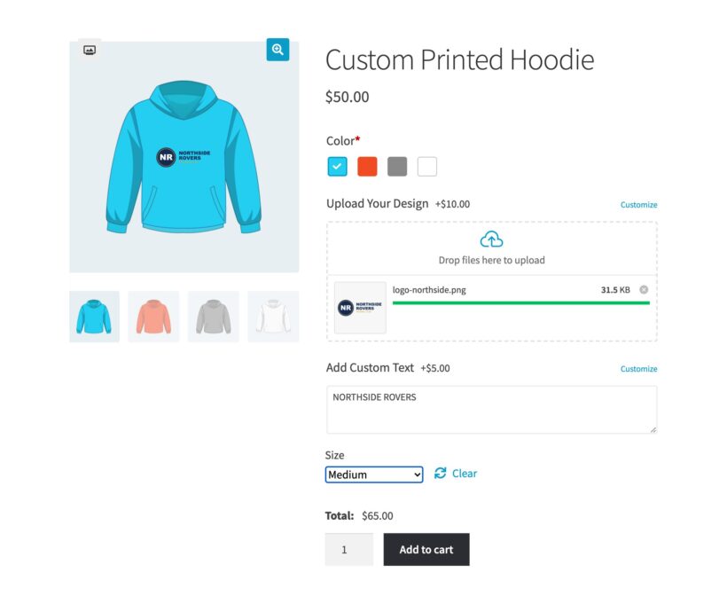 Custom printed hoodie product page with color swatches, an uploaded club logo and a typed club name