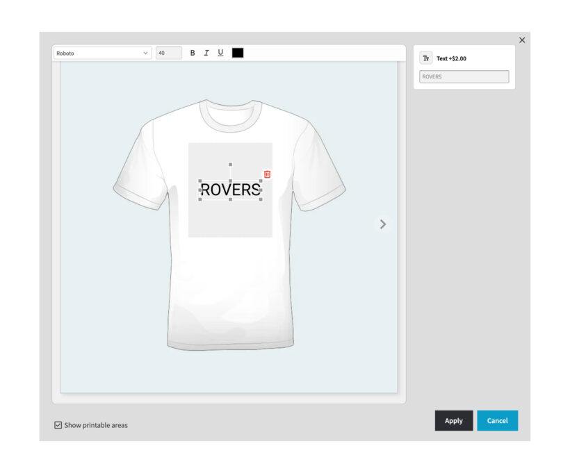 Live Preview editor placing a club name inside the printable area on a custom printed t-shirt