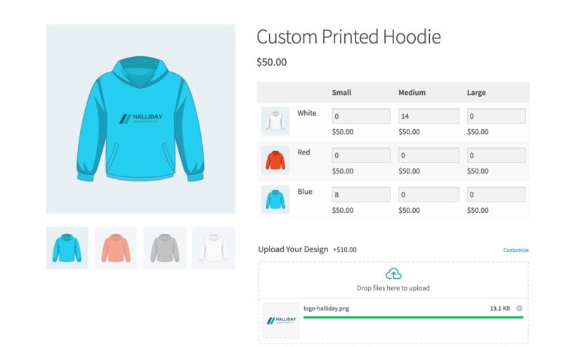 Custom printed hoodie product page with a size and color grid, ordering eight small blue and fourteen medium white, with a company logo uploaded below