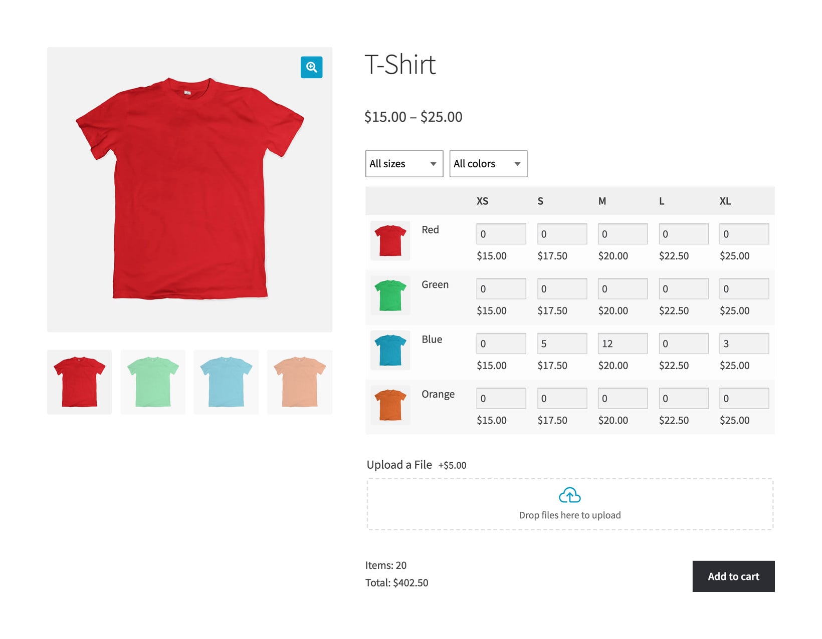 WooCommerce bulk variations grid where one customer orders five small, twelve medium and three XL t-shirts in a single order