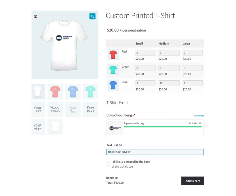 Custom printed t-shirt page with a size and color grid, an uploaded club logo and a custom name