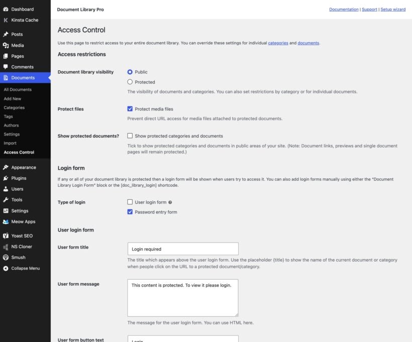 Access control settings with protect media files ticked, plus login form options