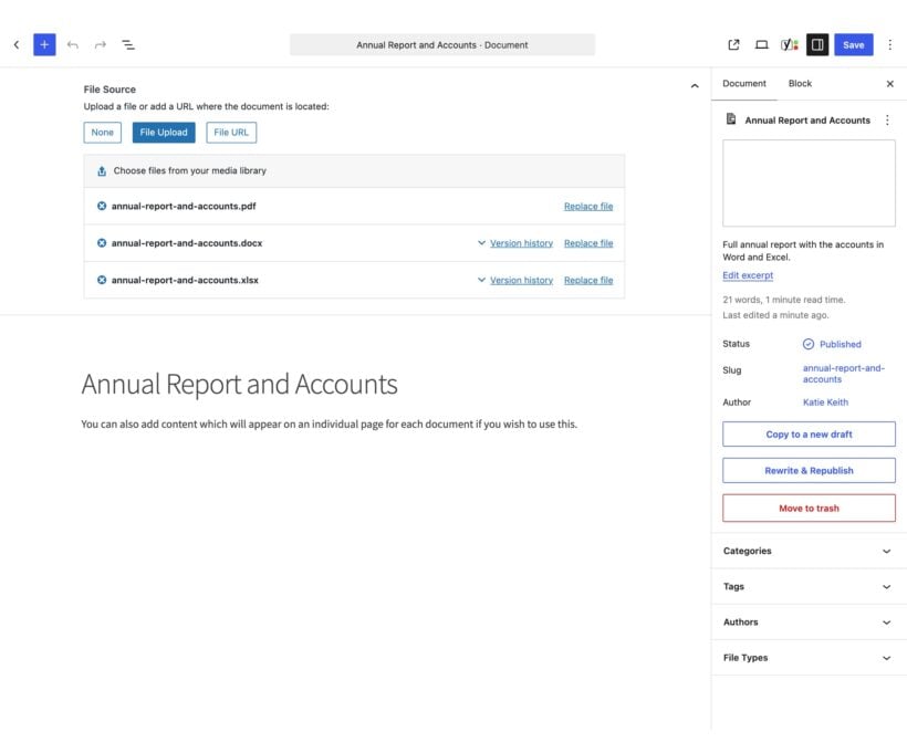 Block editor for a document with three files attached, each with its own version history
