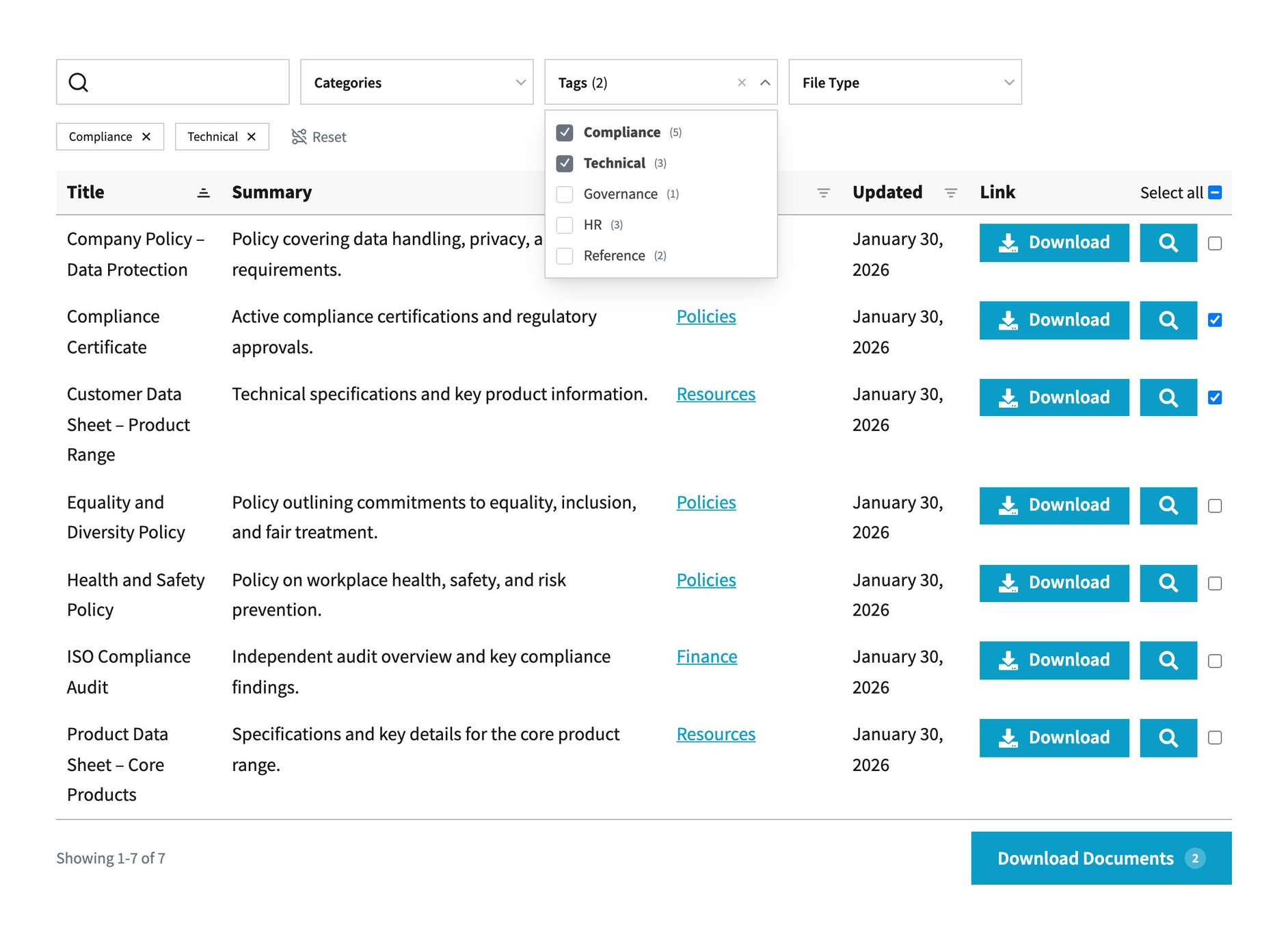 Document library table with a search box, category, tag and file type filters, download and preview buttons on every row, and a bulk download button
