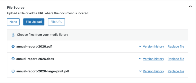 File Source panel in the document editor with three files attached