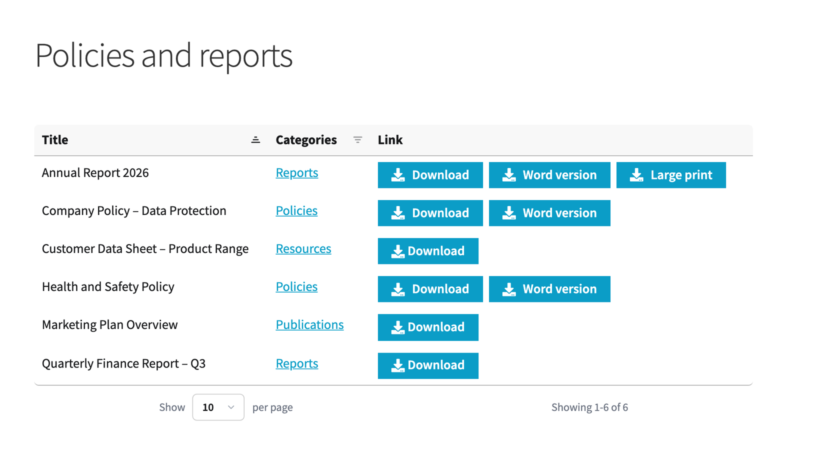 Document library table with Download, Word version and Large print buttons on one row